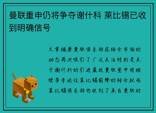 曼联重申仍将争夺谢什科 莱比锡已收到明确信号 曼联重申仍将争夺谢什科 莱比锡已收到明确信号