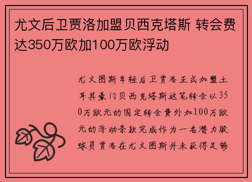 尤文后卫贾洛加盟贝西克塔斯 转会费达350万欧加100万欧浮动 尤文后卫贾洛加盟贝西克塔斯 转会费达350万欧加100万欧浮动